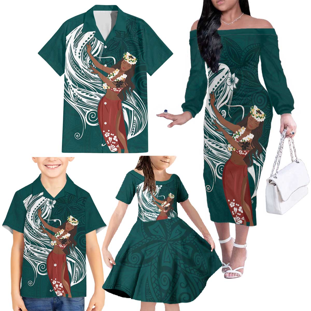 Tahiti Islands Polynesian Plumeria Family Matching Off The Shoulder Long Sleeve Dress and Hawaiian Shirt Tahitian Vahine 'Ote'a - Teal