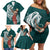 Tahiti Islands Polynesian Plumeria Family Matching Off Shoulder Short Dress and Hawaiian Shirt Tahitian Vahine 'Ote'a - Teal