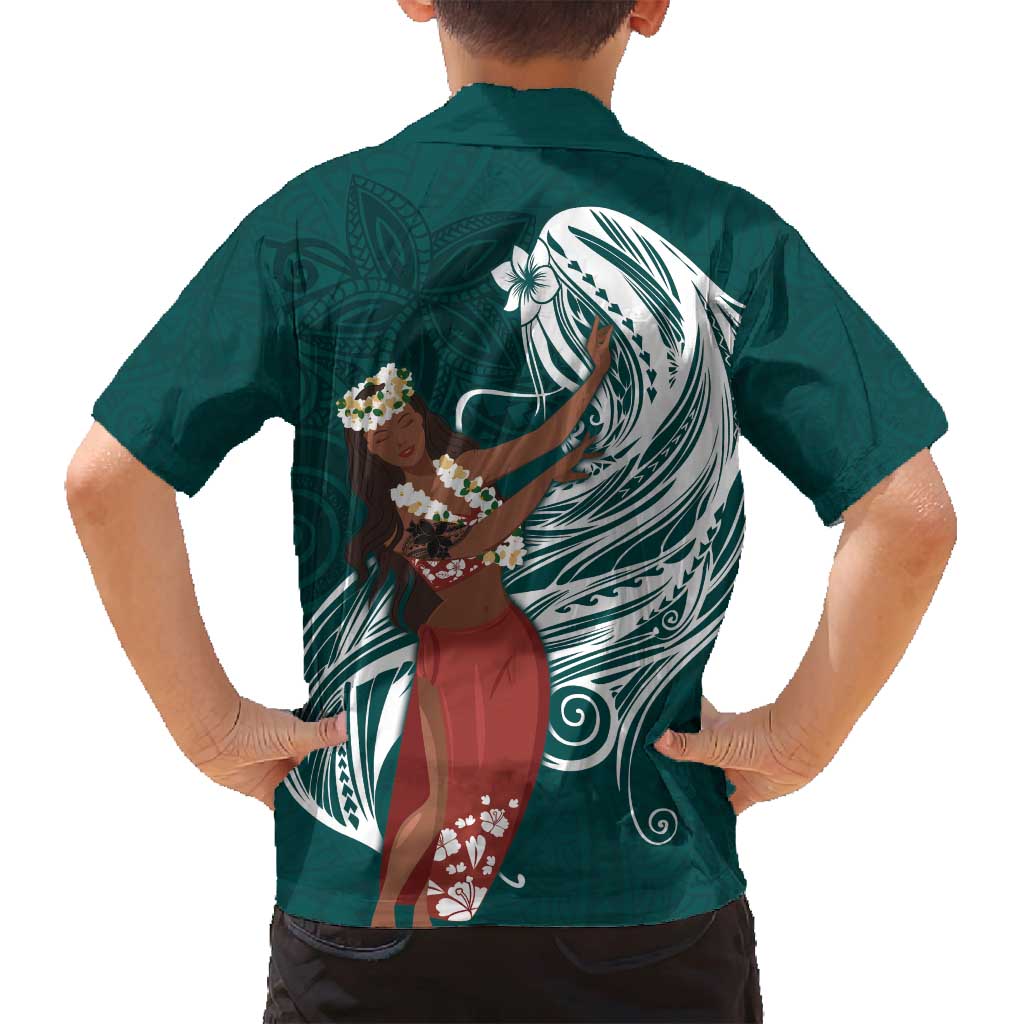 Tahiti Islands Polynesian Plumeria Family Matching Summer Maxi Dress and Hawaiian Shirt Tahitian Vahine 'Ote'a - Teal