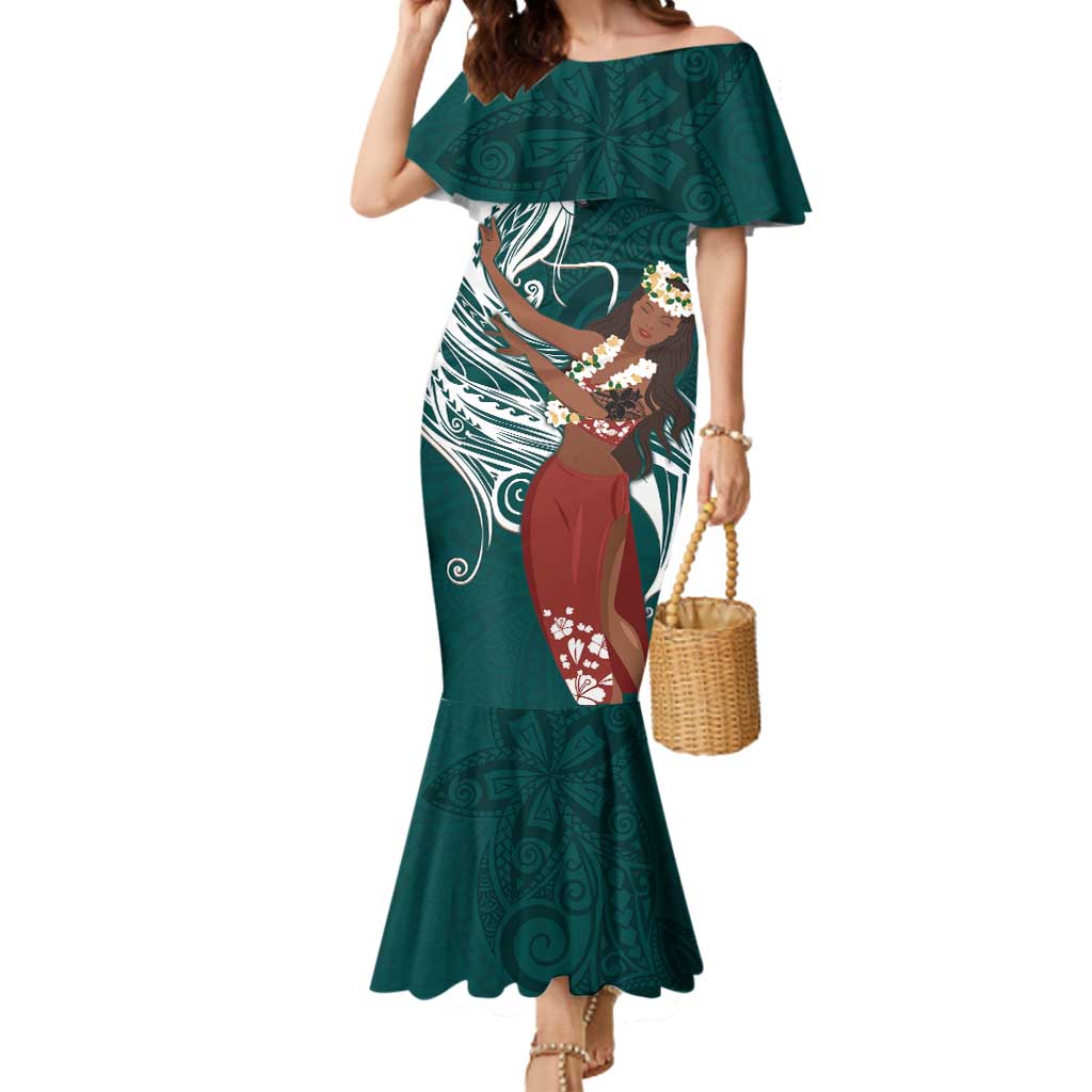 Tahiti Islands Polynesian Plumeria Mermaid Dress Tahitian Vahine 'Ote'a - Teal