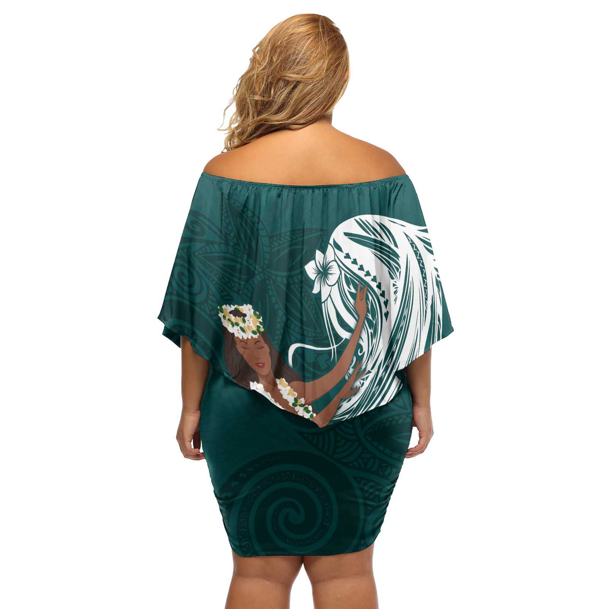 Tahiti Islands Polynesian Plumeria Off Shoulder Short Dress Tahitian Vahine 'Ote'a - Teal