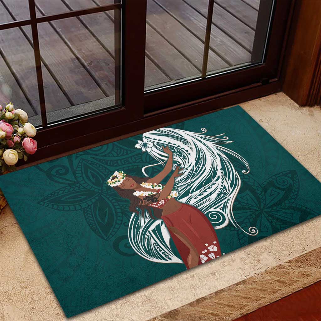 Tahiti Islands Polynesian Plumeria Rubber Doormat Tahitian Vahine 'Ote'a - Teal