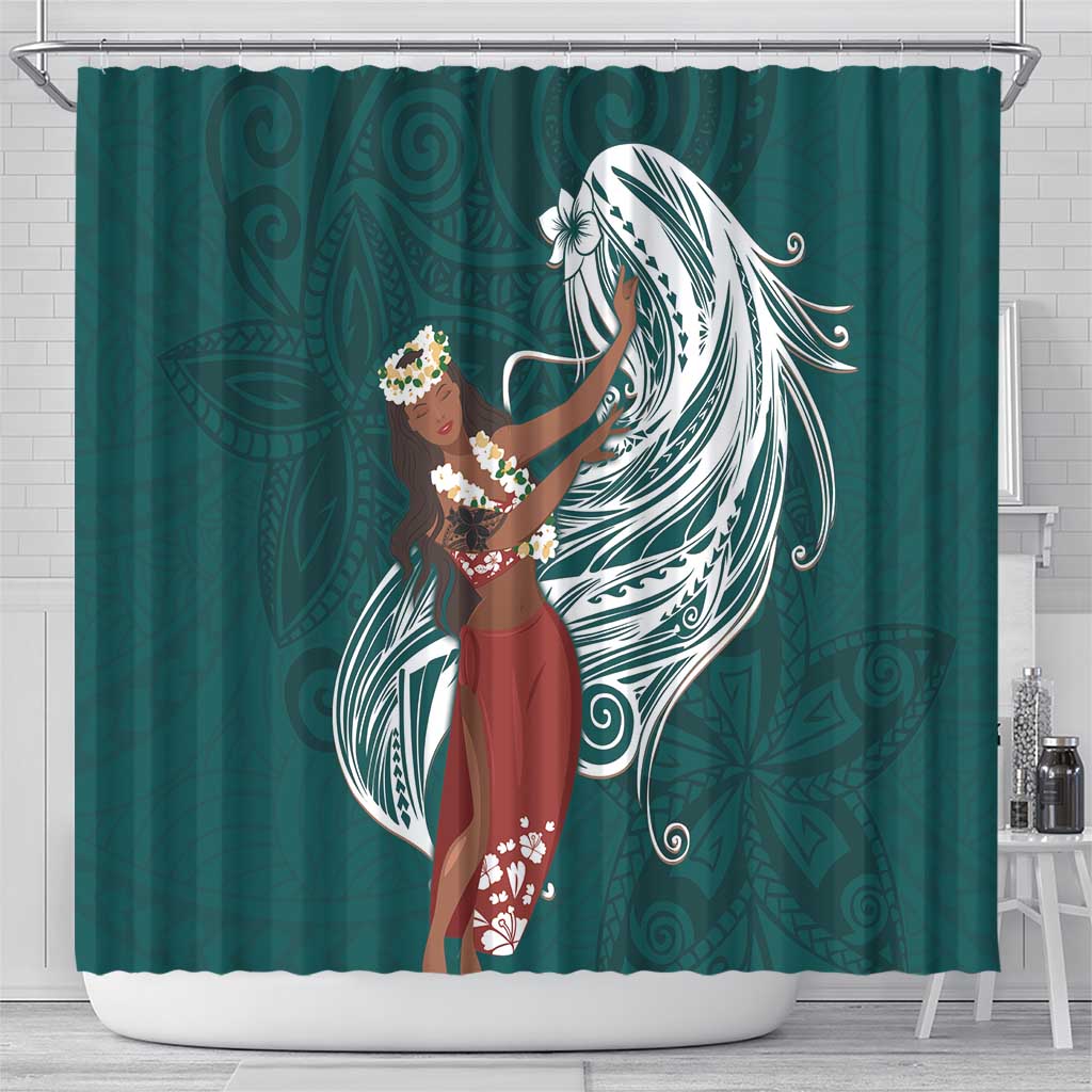 Tahiti Islands Polynesian Plumeria Shower Curtain Tahitian Vahine 'Ote'a - Teal