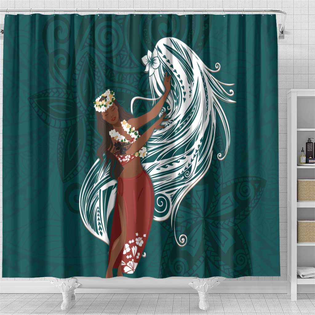 Tahiti Islands Polynesian Plumeria Shower Curtain Tahitian Vahine 'Ote'a - Teal