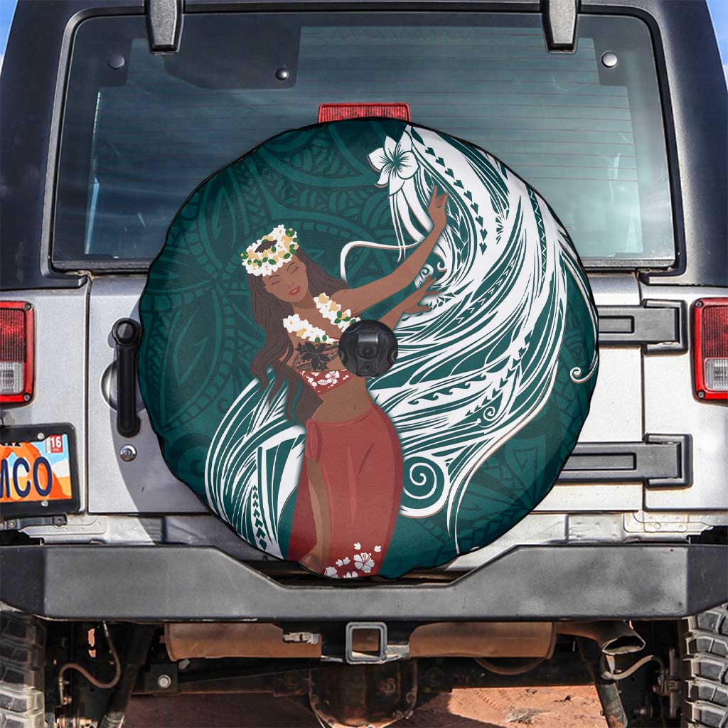 Tahiti Islands Polynesian Plumeria Spare Tire Cover Tahitian Vahine 'Ote'a - Teal