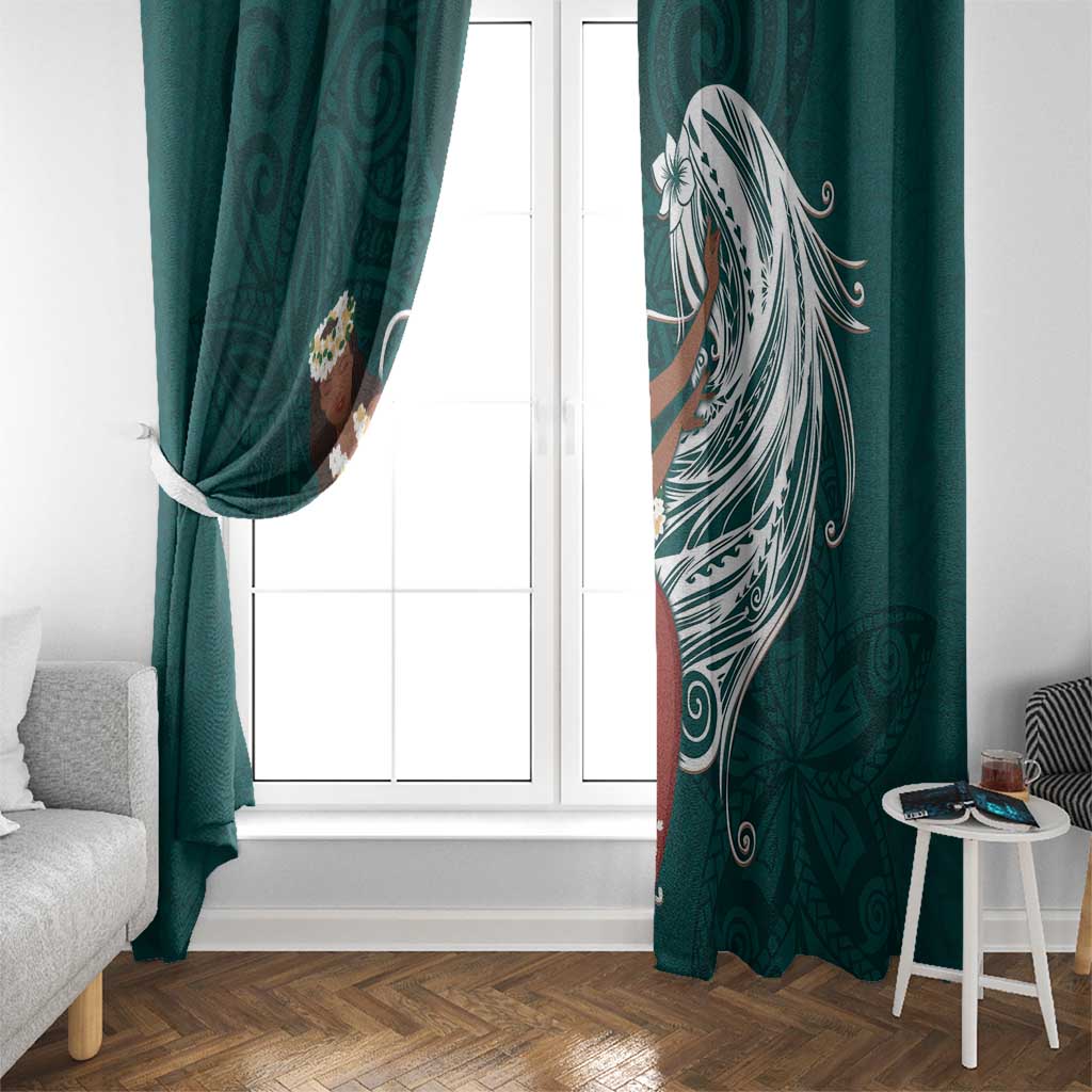 Tahiti Islands Polynesian Plumeria Window Curtain Tahitian Vahine 'Ote'a - Teal