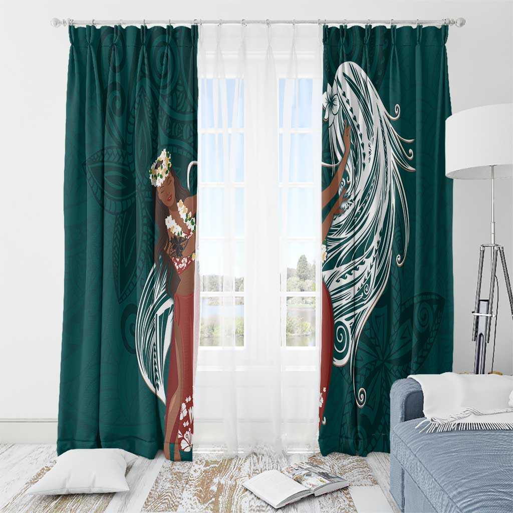 Tahiti Islands Polynesian Plumeria Window Curtain Tahitian Vahine 'Ote'a - Teal