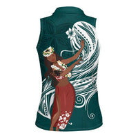 Tahiti Islands Polynesian Plumeria Women Sleeveless Polo Shirt Tahitian Vahine 'Ote'a - Teal