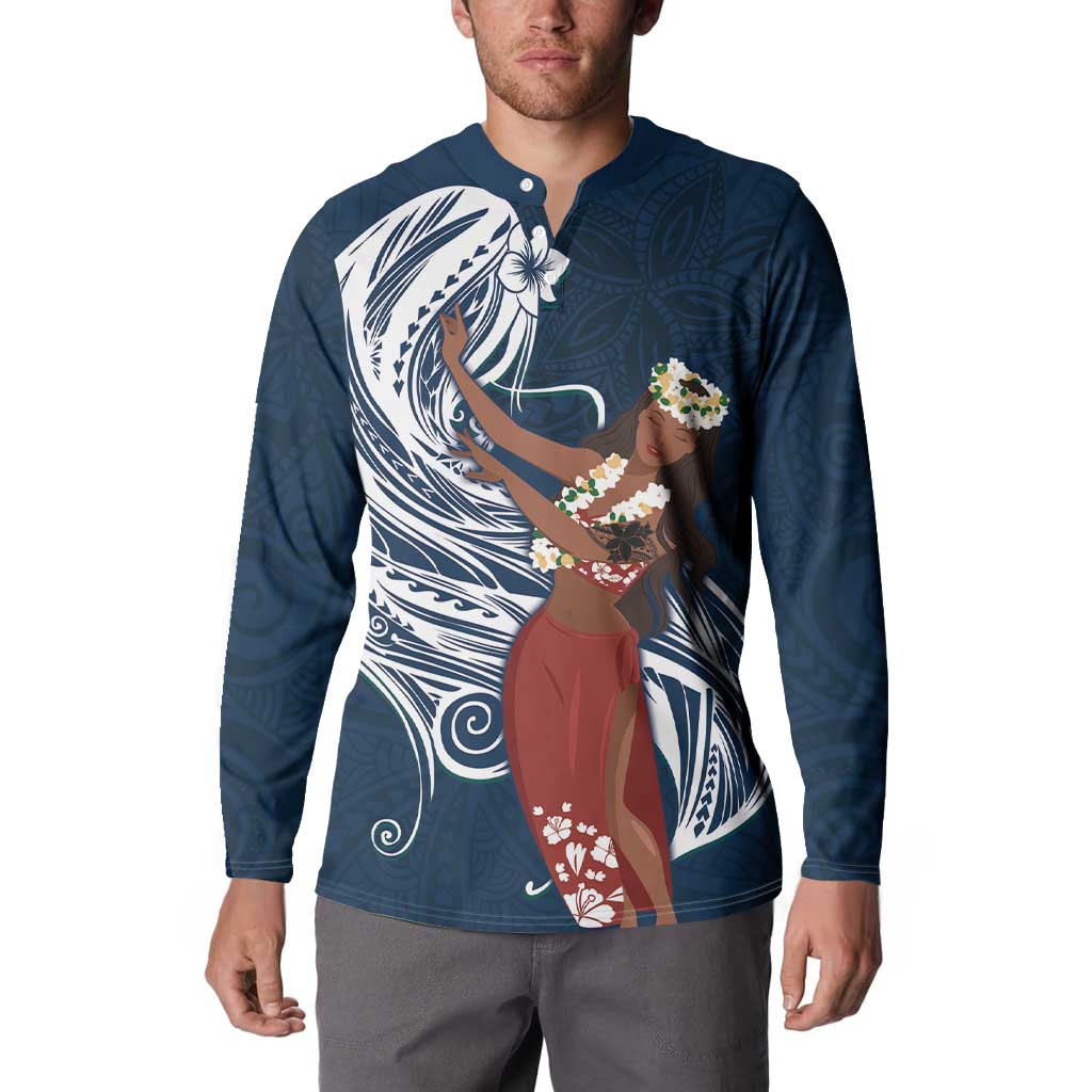 Tahiti Islands Polynesian Plumeria Button Sweatshirt Tahitian Vahine 'Ote'a - Navy Blue