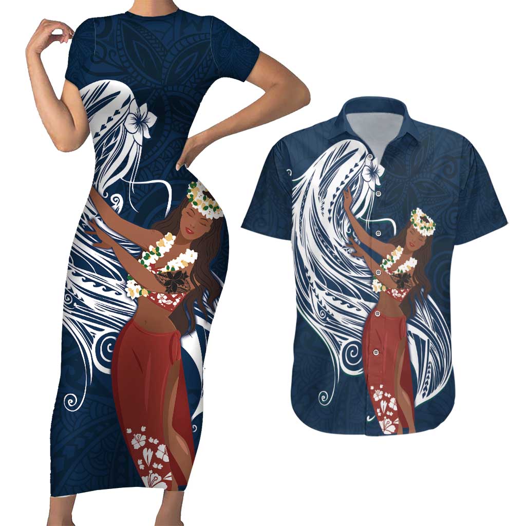 Tahiti Islands Polynesian Plumeria Couples Matching Short Sleeve Bodycon Dress and Hawaiian Shirt Tahitian Vahine 'Ote'a - Navy Blue