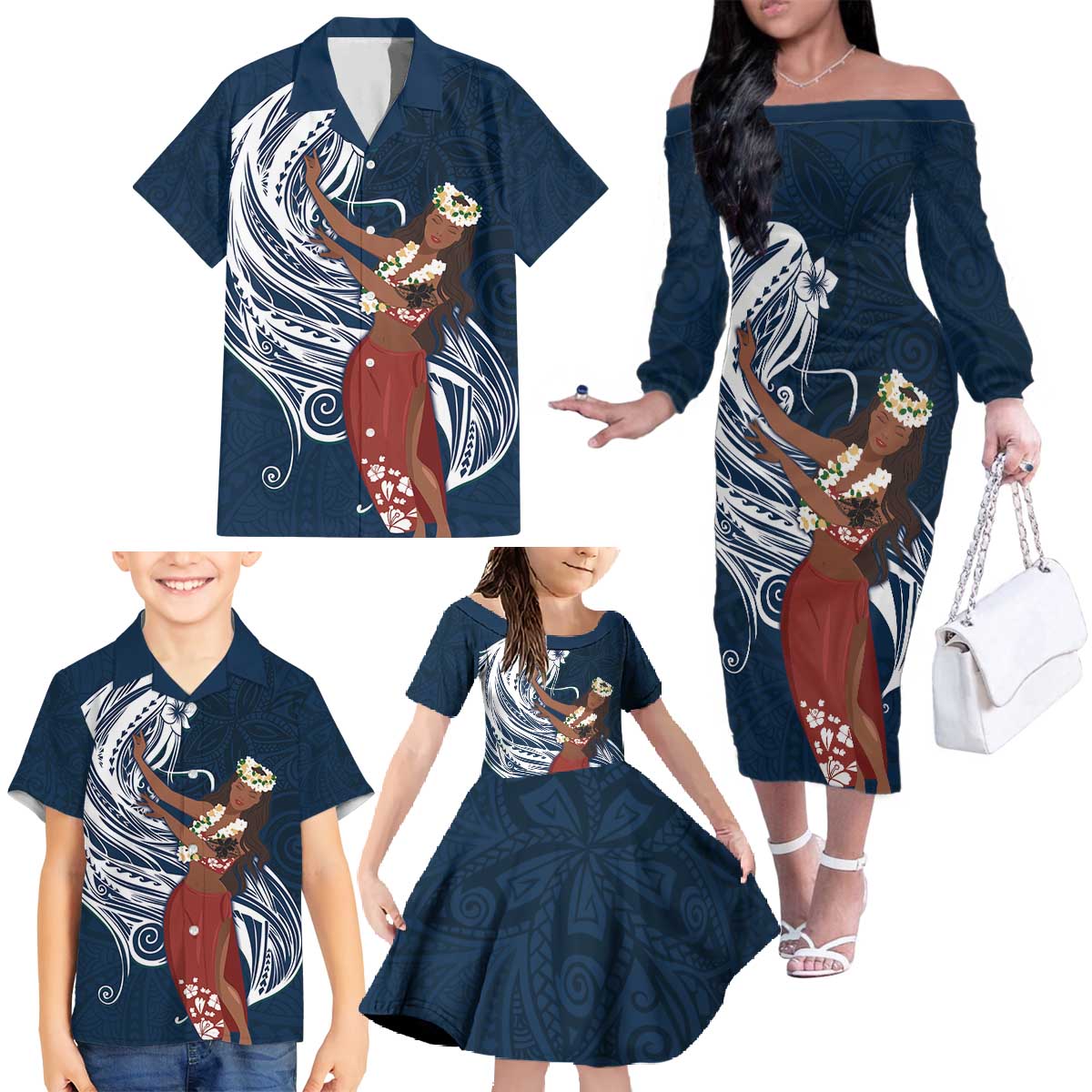 Tahiti Islands Polynesian Plumeria Family Matching Off The Shoulder Long Sleeve Dress and Hawaiian Shirt Tahitian Vahine 'Ote'a - Navy Blue