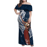 Tahiti Islands Polynesian Plumeria Family Matching Off Shoulder Maxi Dress and Hawaiian Shirt Tahitian Vahine 'Ote'a - Navy Blue