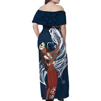 Tahiti Islands Polynesian Plumeria Family Matching Off Shoulder Maxi Dress and Hawaiian Shirt Tahitian Vahine 'Ote'a - Navy Blue
