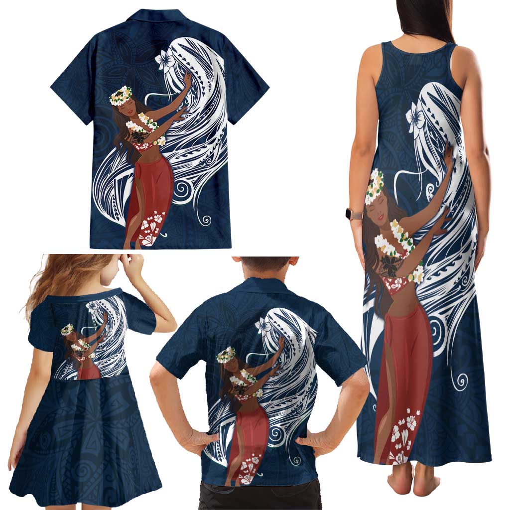 Tahiti Islands Polynesian Plumeria Family Matching Tank Maxi Dress and Hawaiian Shirt Tahitian Vahine 'Ote'a - Navy Blue