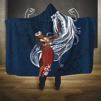 Tahiti Islands Polynesian Plumeria Hooded Blanket Tahitian Vahine 'Ote'a - Navy Blue