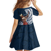 Tahiti Islands Polynesian Plumeria Kid Short Sleeve Dress Tahitian Vahine 'Ote'a - Navy Blue
