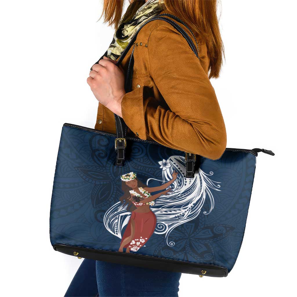 Tahiti Islands Polynesian Plumeria Leather Tote Bag Tahitian Vahine 'Ote'a - Navy Blue