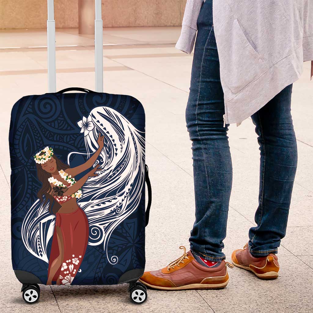 Tahiti Islands Polynesian Plumeria Luggage Cover Tahitian Vahine 'Ote'a - Navy Blue