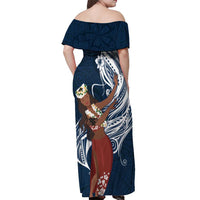 Tahiti Islands Polynesian Plumeria Off Shoulder Maxi Dress Tahitian Vahine 'Ote'a - Navy Blue