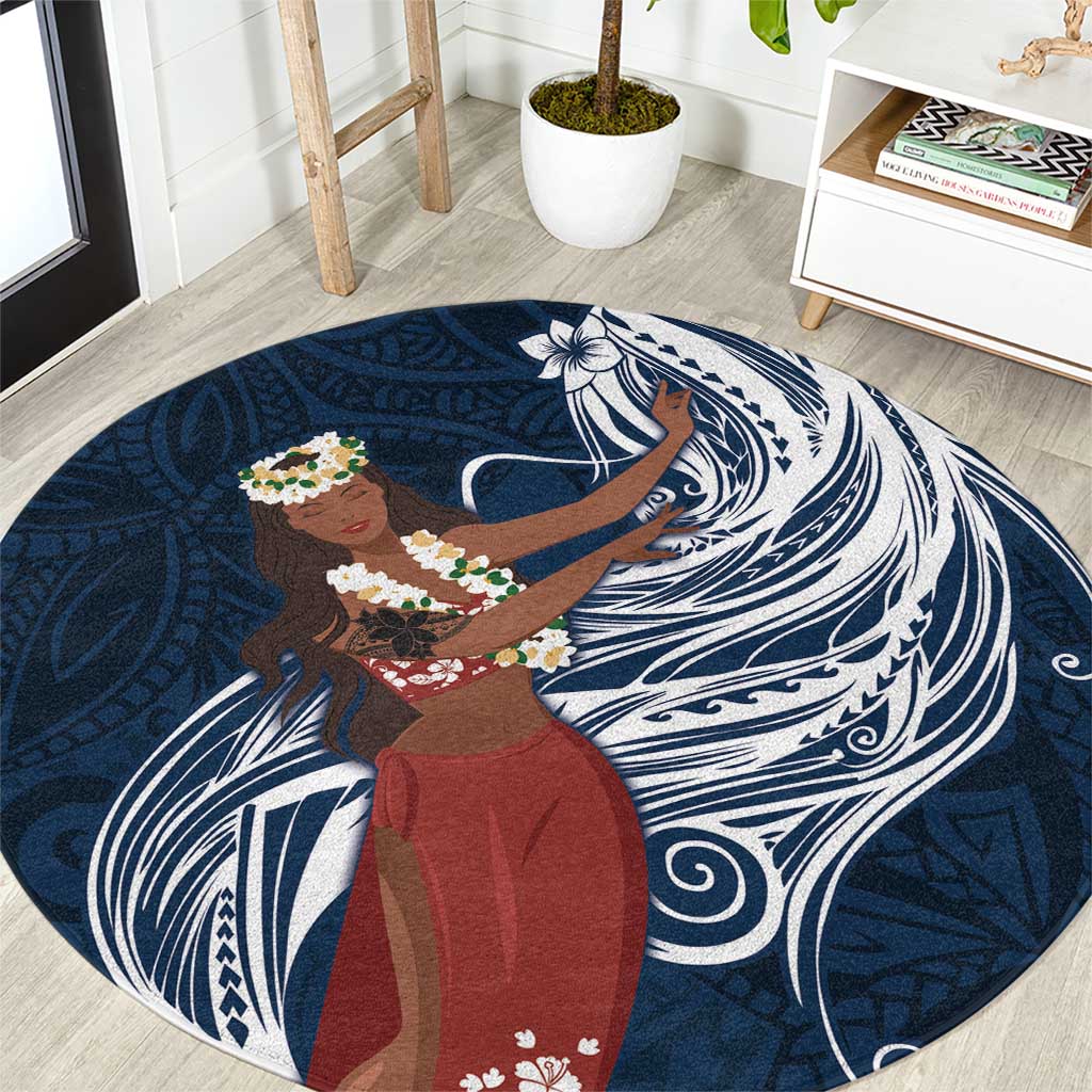 Tahiti Islands Polynesian Plumeria Round Carpet Tahitian Vahine 'Ote'a - Navy Blue