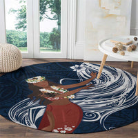 Tahiti Islands Polynesian Plumeria Round Carpet Tahitian Vahine 'Ote'a - Navy Blue