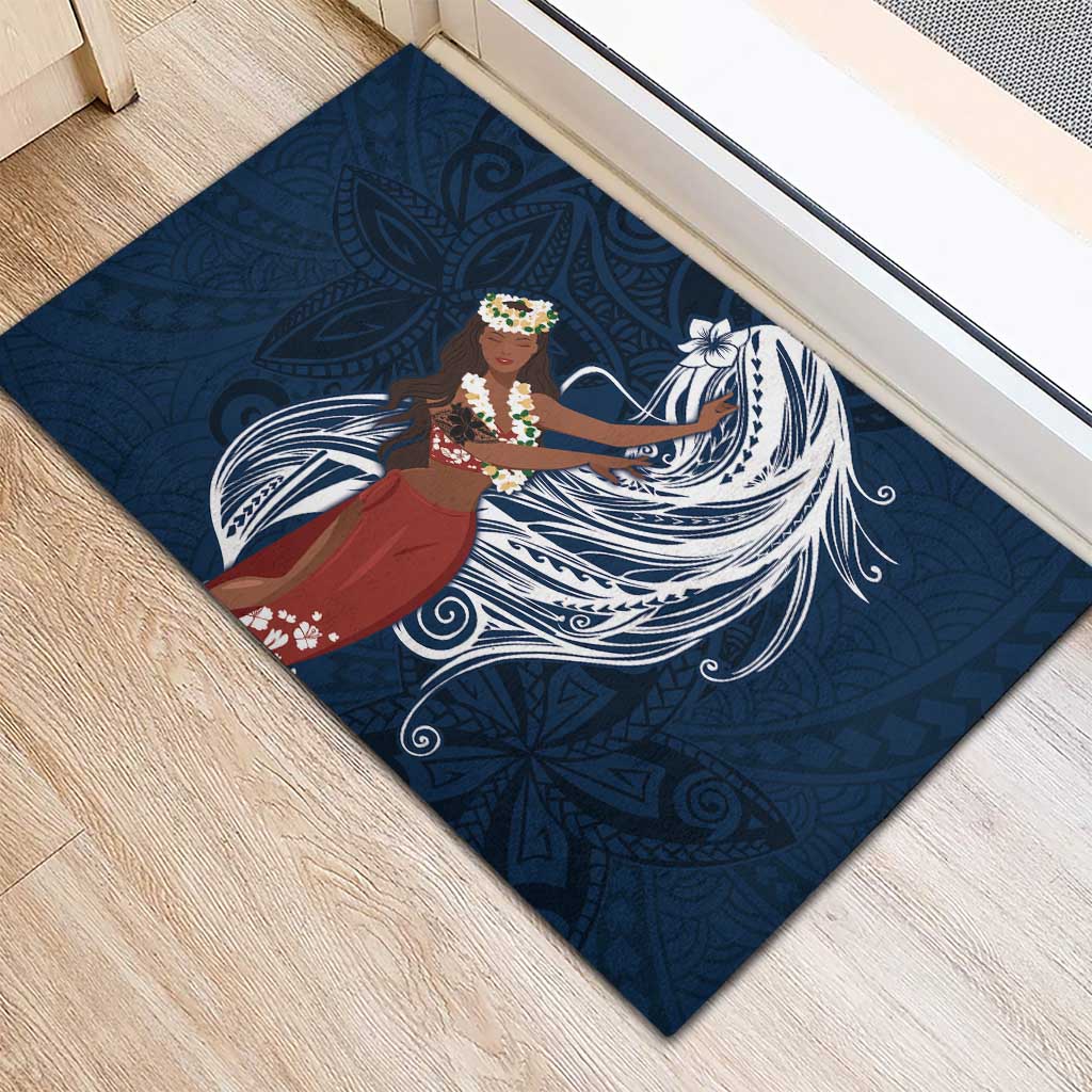 Tahiti Islands Polynesian Plumeria Rubber Doormat Tahitian Vahine 'Ote'a - Navy Blue