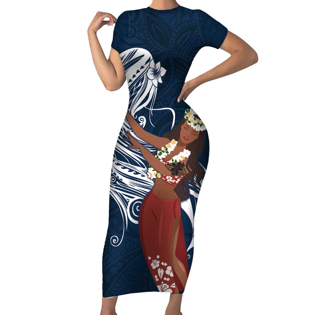 Tahiti Islands Polynesian Plumeria Short Sleeve Bodycon Dress Tahitian Vahine 'Ote'a - Navy Blue