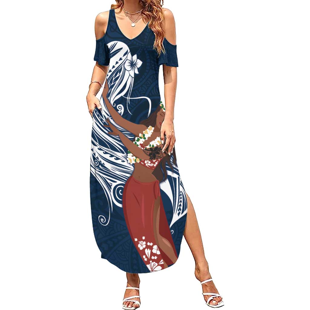 Tahiti Islands Polynesian Plumeria Summer Maxi Dress Tahitian Vahine 'Ote'a - Navy Blue