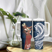Tahiti Islands Polynesian Plumeria Tumbler With Handle Tahitian Vahine 'Ote'a - Navy Blue