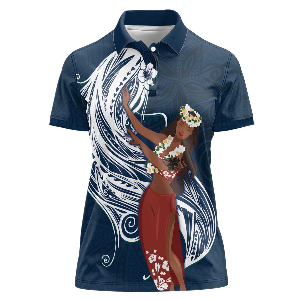 Tahiti Islands Polynesian Plumeria Women Polo Shirt Tahitian Vahine 'Ote'a - Navy Blue