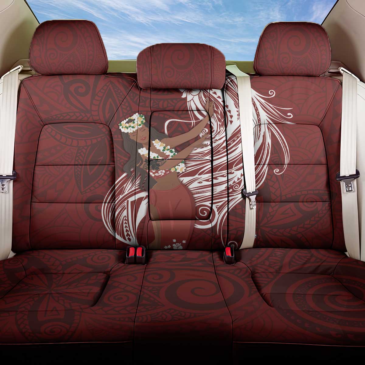 Tahiti Islands Polynesian Plumeria Back Car Seat Cover Tahitian Vahine 'Ote'a - Scarlet