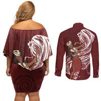 Tahiti Islands Polynesian Plumeria Couples Matching Off Shoulder Short Dress and Long Sleeve Button Shirt Tahitian Vahine 'Ote'a - Scarlet