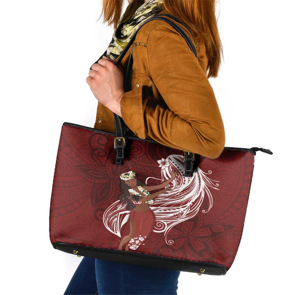 Tahiti Islands Polynesian Plumeria Leather Tote Bag Tahitian Vahine 'Ote'a - Scarlet