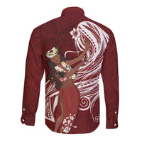 Tahiti Islands Polynesian Plumeria Long Sleeve Button Shirt Tahitian Vahine 'Ote'a - Scarlet