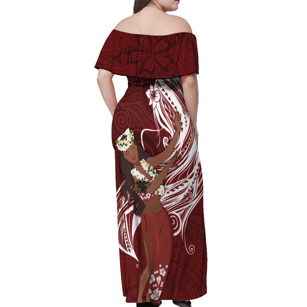 Tahiti Islands Polynesian Plumeria Off Shoulder Maxi Dress Tahitian Vahine 'Ote'a - Scarlet