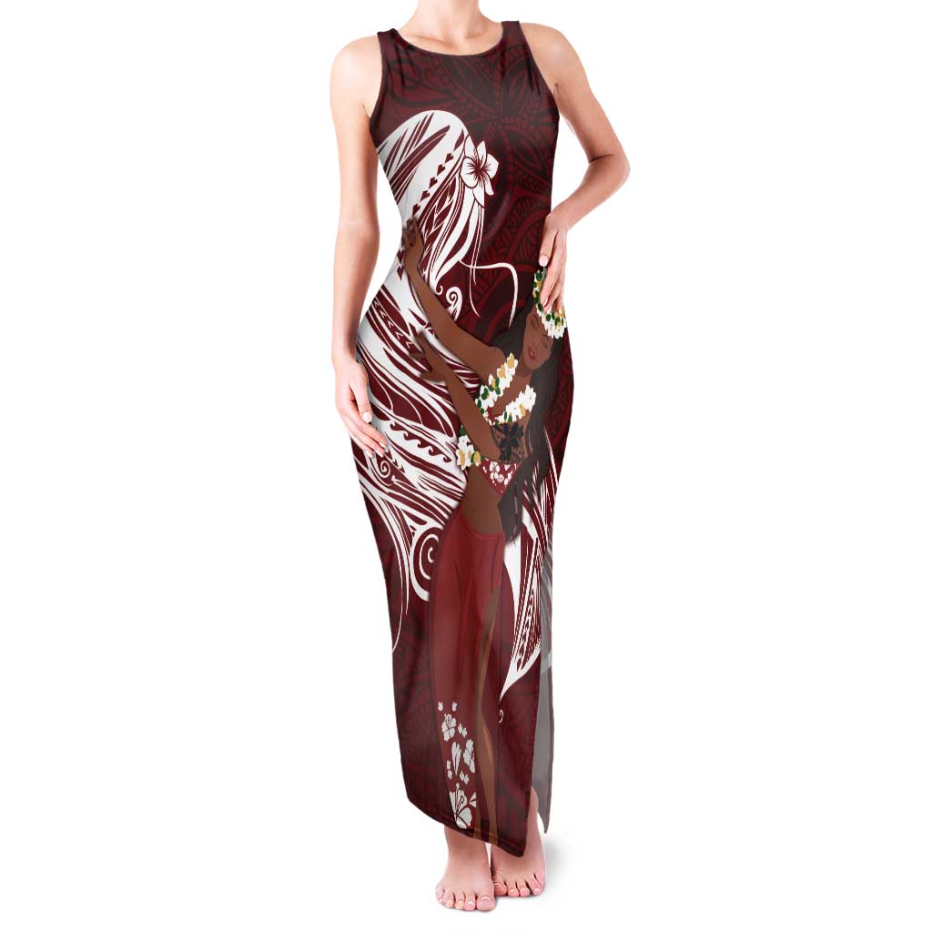 Tahiti Islands Polynesian Plumeria Tank Maxi Dress Tahitian Vahine 'Ote'a - Scarlet