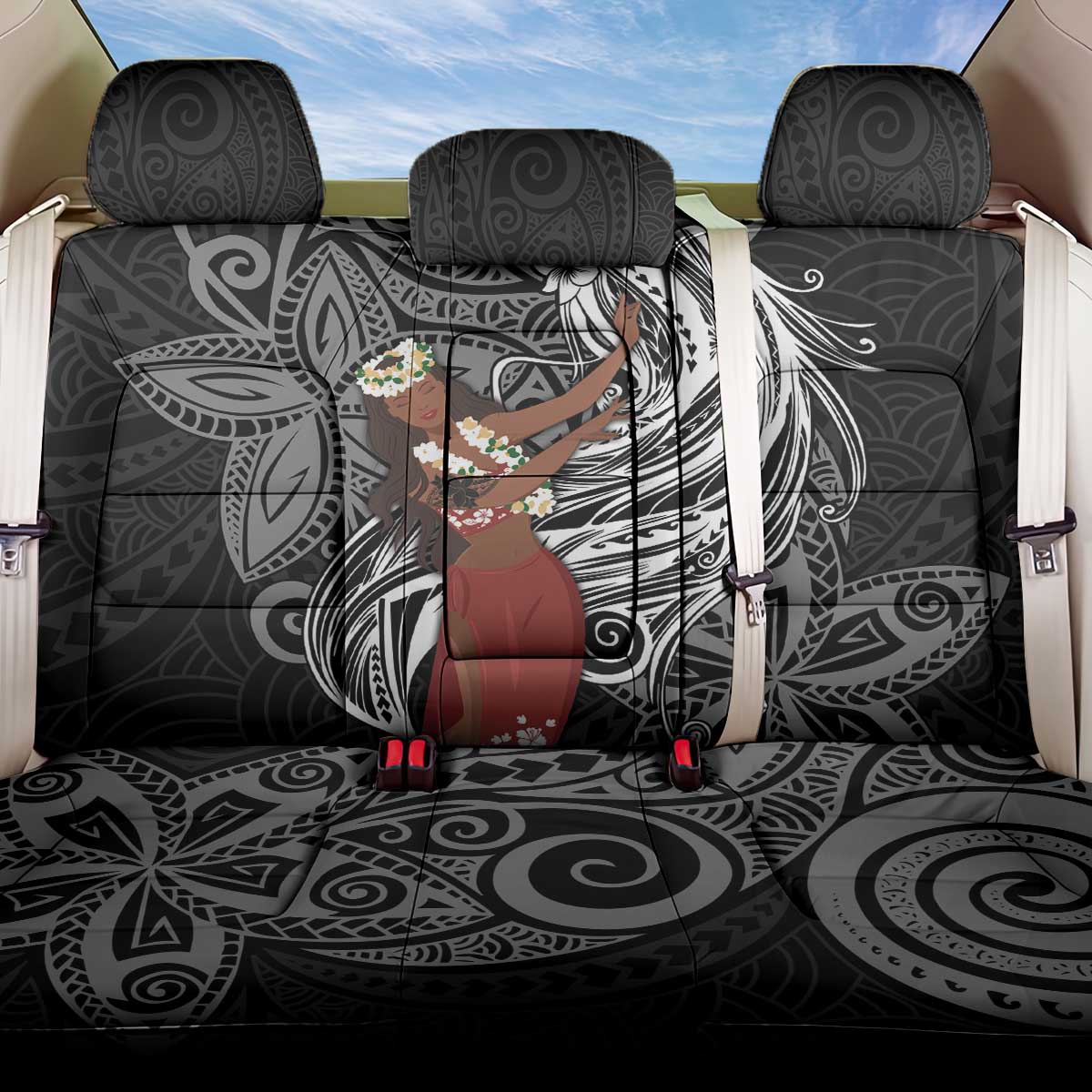 Tahiti Islands Polynesian Plumeria Back Car Seat Cover Tahitian Vahine 'Ote'a - Black