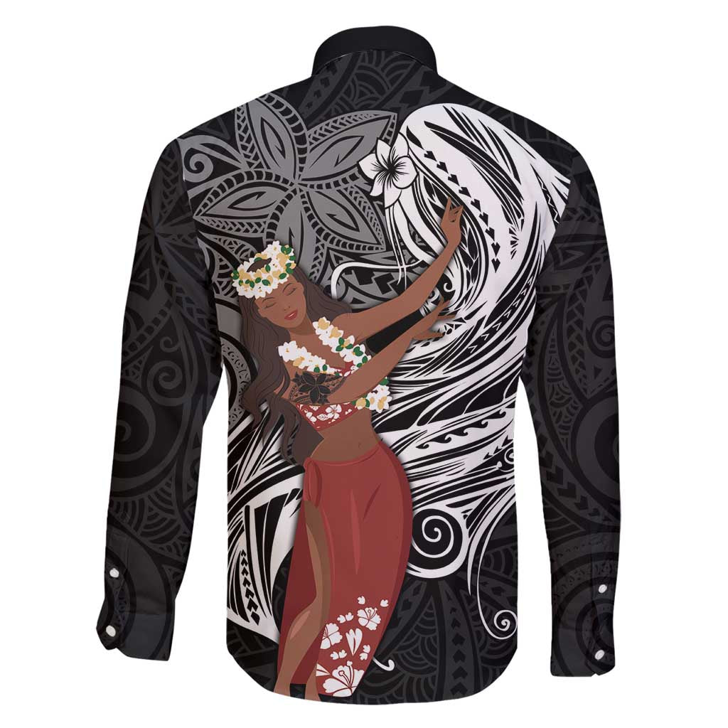 Tahiti Islands Polynesian Plumeria Family Matching Long Sleeve Bodycon Dress and Hawaiian Shirt Tahitian Vahine 'Ote'a - Black