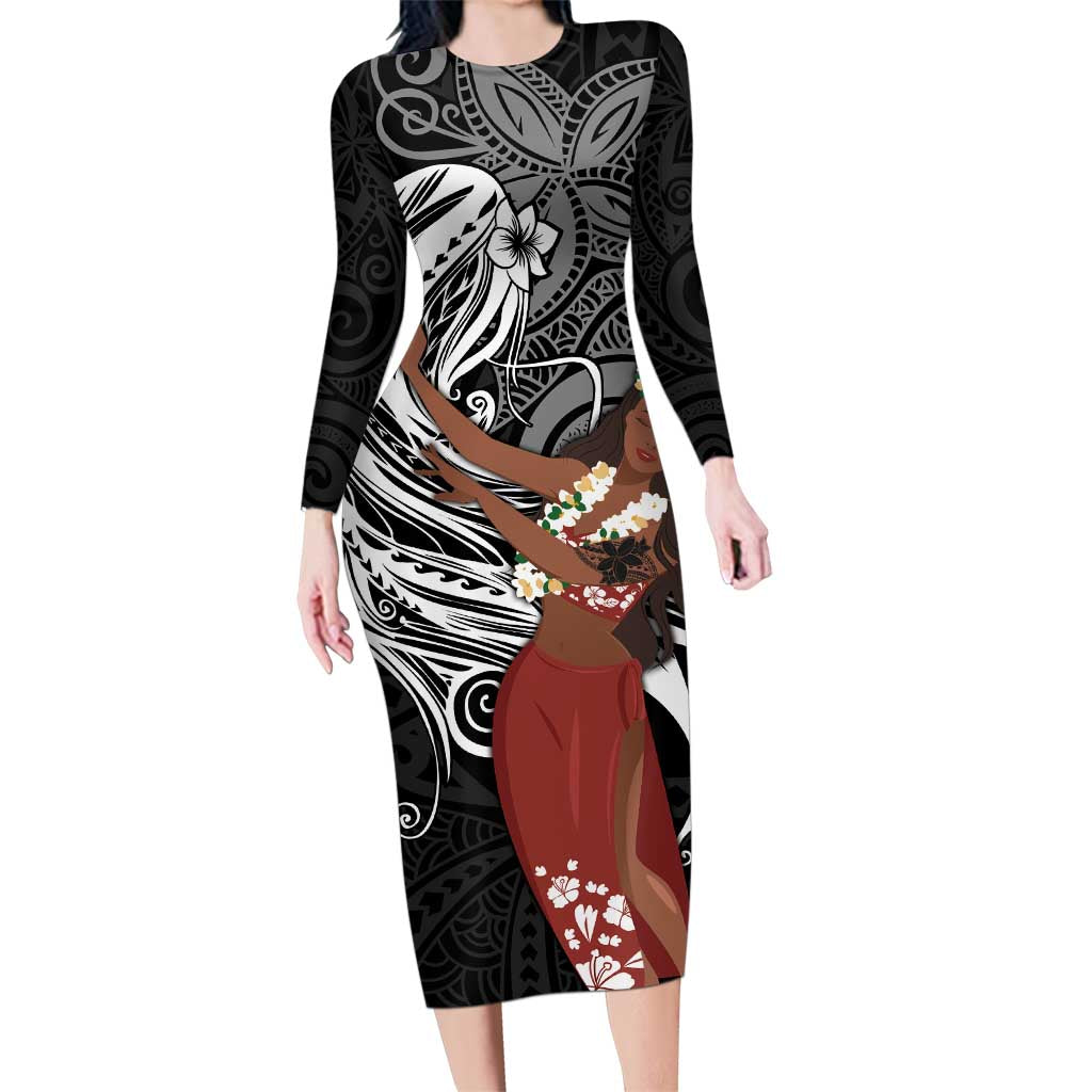 Tahiti Islands Polynesian Plumeria Family Matching Long Sleeve Bodycon Dress and Hawaiian Shirt Tahitian Vahine 'Ote'a - Black