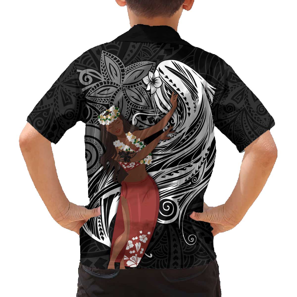 Tahiti Islands Polynesian Plumeria Family Matching Puletasi and Hawaiian Shirt Tahitian Vahine 'Ote'a - Black