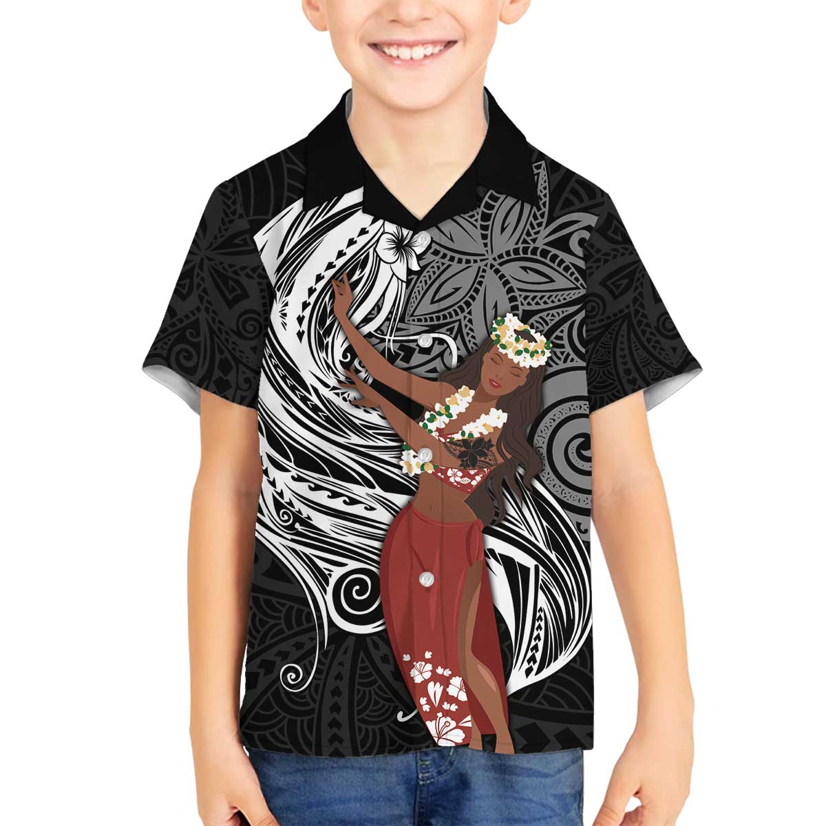 Tahiti Islands Polynesian Plumeria Family Matching Puletasi and Hawaiian Shirt Tahitian Vahine 'Ote'a - Black