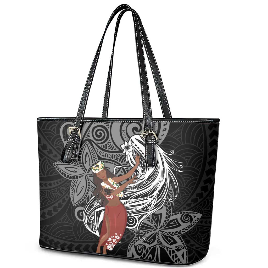 Tahiti Islands Polynesian Plumeria Leather Tote Bag Tahitian Vahine 'Ote'a - Black