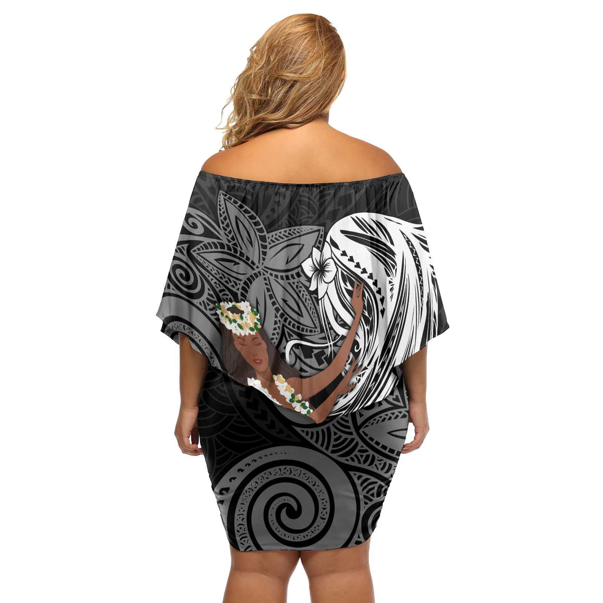 Tahiti Islands Polynesian Plumeria Off Shoulder Short Dress Tahitian Vahine 'Ote'a - Black