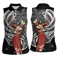 Tahiti Islands Polynesian Plumeria Women Sleeveless Polo Shirt Tahitian Vahine 'Ote'a - Black
