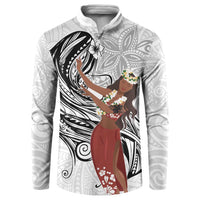 Tahiti Islands Polynesian Plumeria Button Sweatshirt Tahitian Vahine 'Ote'a - White