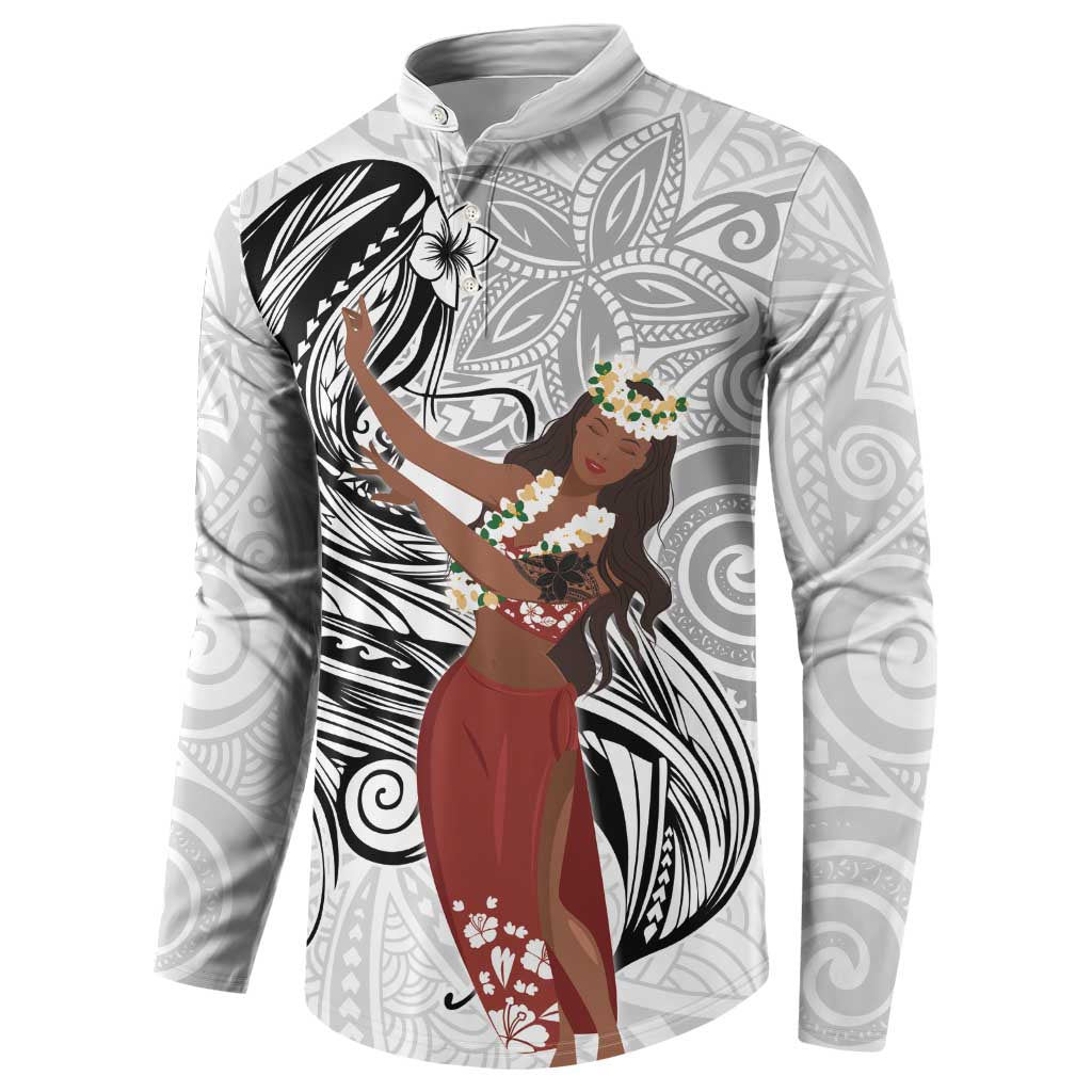 Tahiti Islands Polynesian Plumeria Button Sweatshirt Tahitian Vahine 'Ote'a - White