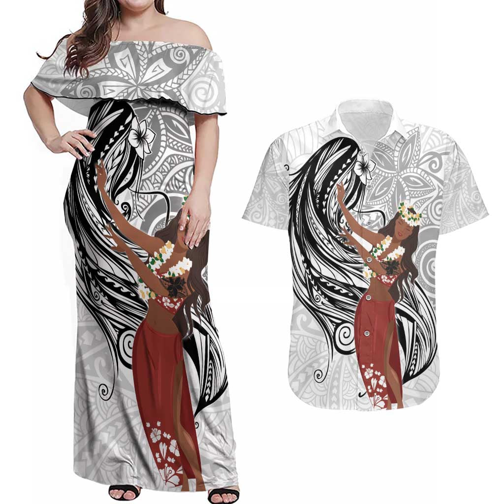 Tahiti Islands Polynesian Plumeria Couples Matching Off Shoulder Maxi Dress and Hawaiian Shirt Tahitian Vahine 'Ote'a - White