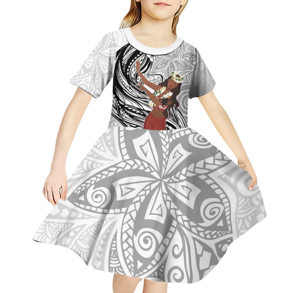 Tahiti Islands Polynesian Plumeria Kid Short Sleeve Dress Tahitian Vahine 'Ote'a - White