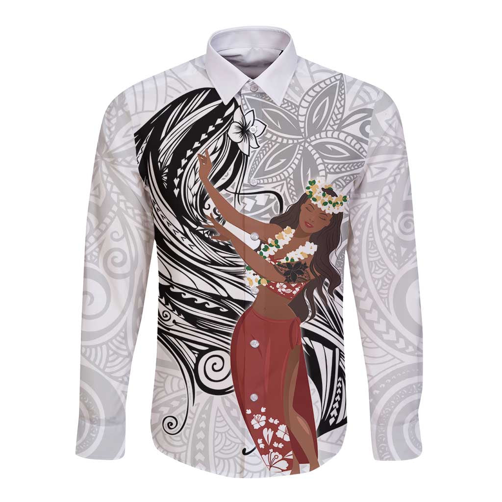 Tahiti Islands Polynesian Plumeria Long Sleeve Button Shirt Tahitian Vahine 'Ote'a - White