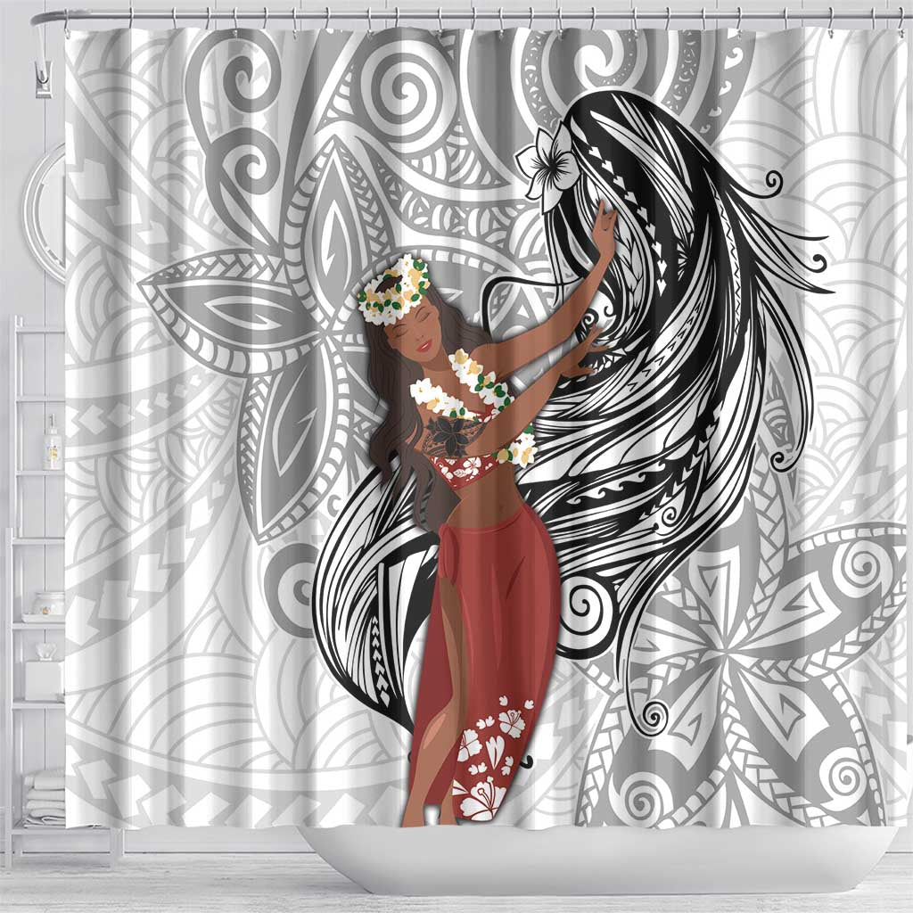 Tahiti Islands Polynesian Plumeria Shower Curtain Tahitian Vahine 'Ote'a - White